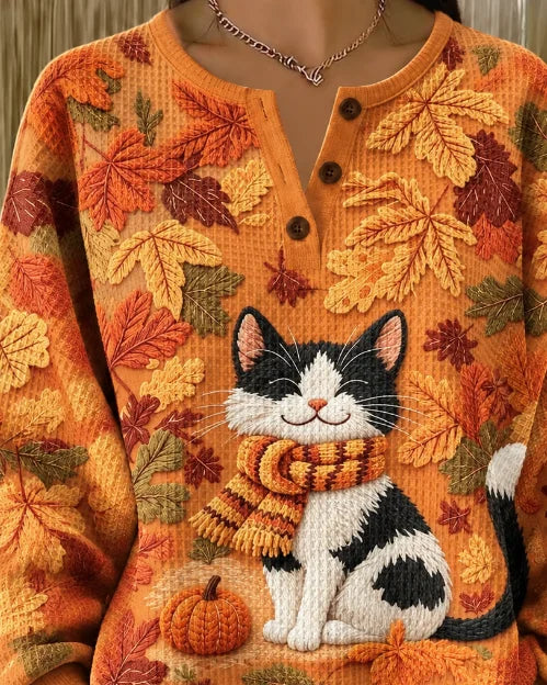 Casual Cat Henley Collar Long Sleeve Sweatshirt