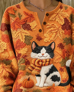 Casual Cat Henley Collar Long Sleeve Sweatshirt