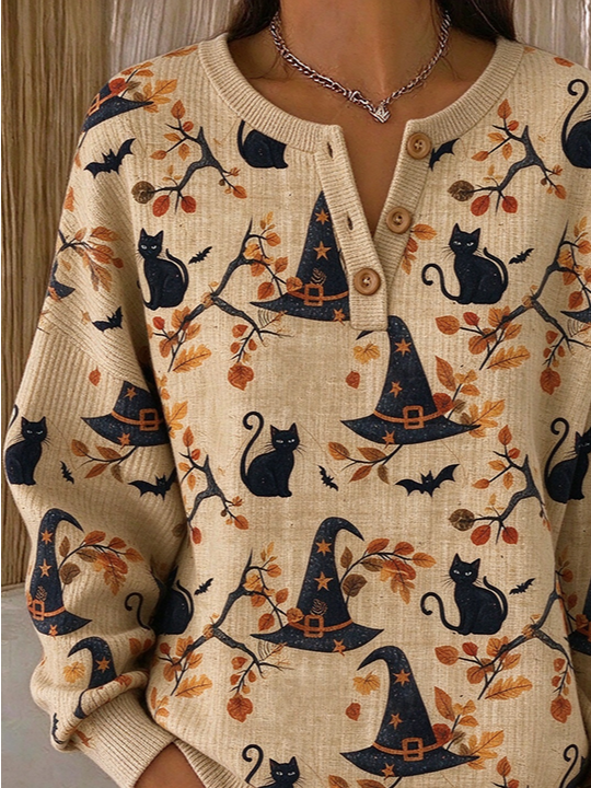 Vintage Cat Henley Collar Long Sleeve Sweatshirt