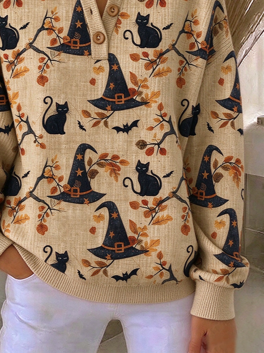 Vintage Cat Henley Collar Long Sleeve Sweatshirt