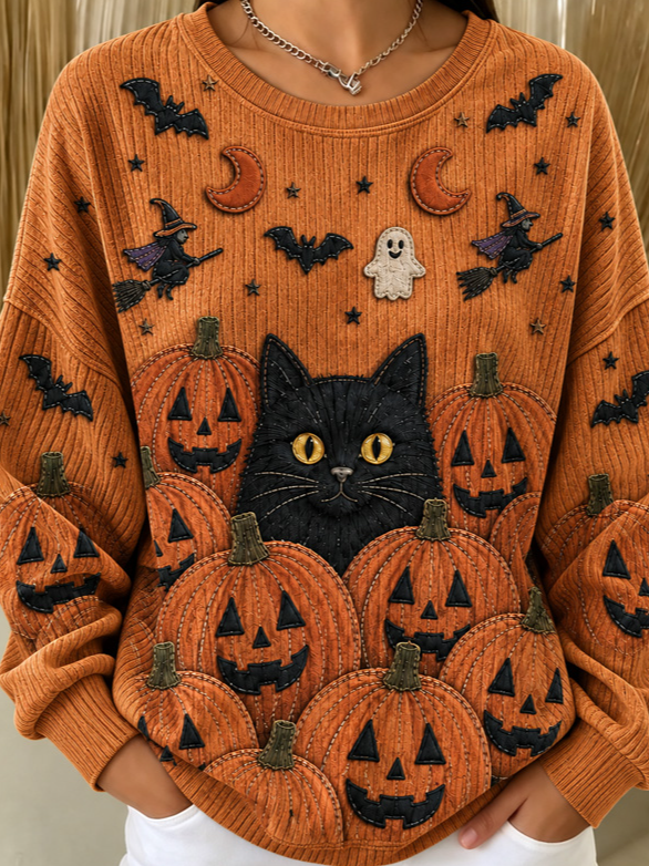 Casual Cat Crew Neck Long Sleeve Sweatshirt