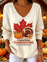 Casual Maple Leaf V Neck Long Sleeve T-shirt