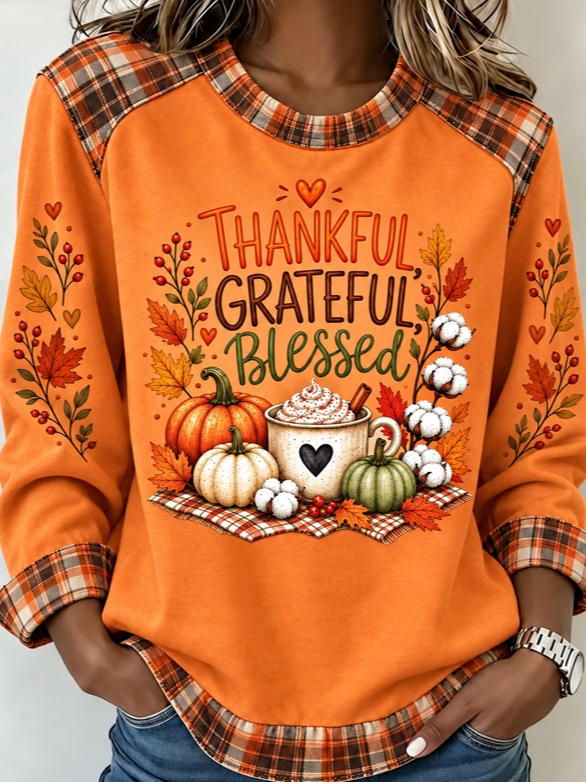 Casual Plaid Crew Neck Long Sleeve Sweatshirt