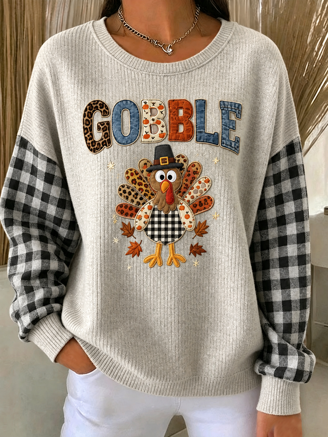 Casual Plaid Crew Neck Long Sleeve Sweatshirt