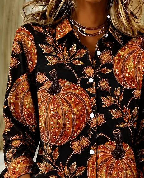 Women Pumpkin Pattern Vintage Shirt Shirt Collar Long Sleeve Top