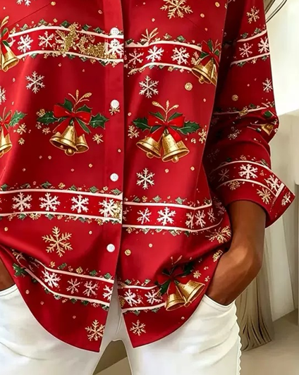Women Christmas Vintage Shirt Shirt Collar Long Sleeve Top