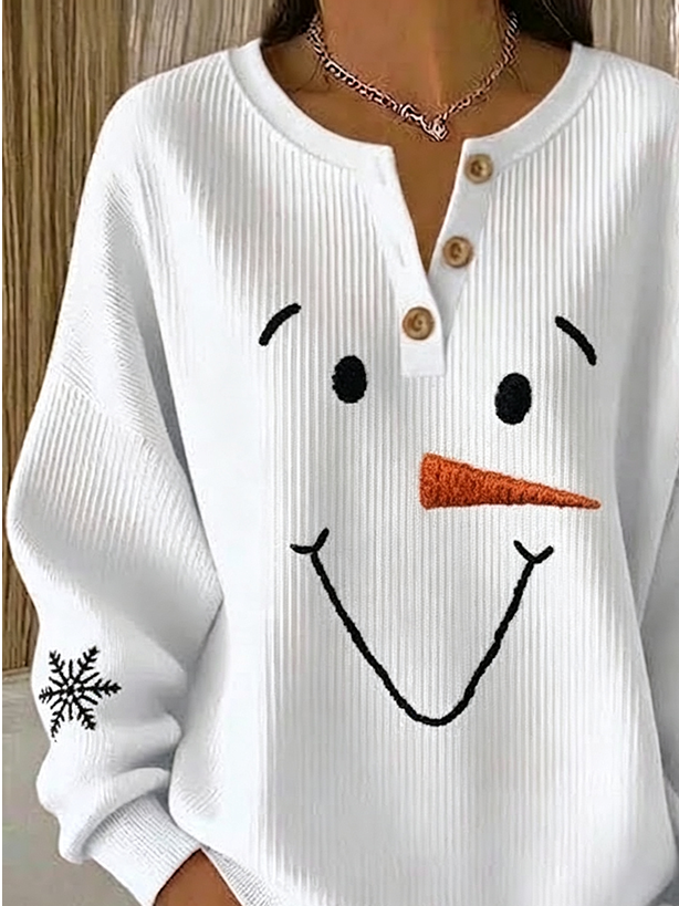 Vintage Christmas Snowman Henley Collar Long Sleeve Sweatshirt