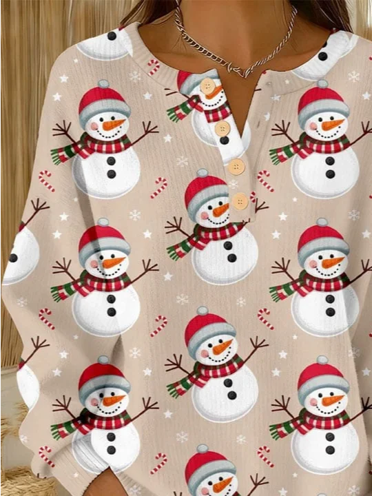 Vintage Christmas Snowman Henley Collar Long Sleeve Sweatshirt