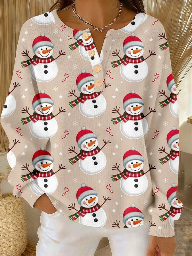 Vintage Christmas Snowman Henley Collar Long Sleeve Sweatshirt