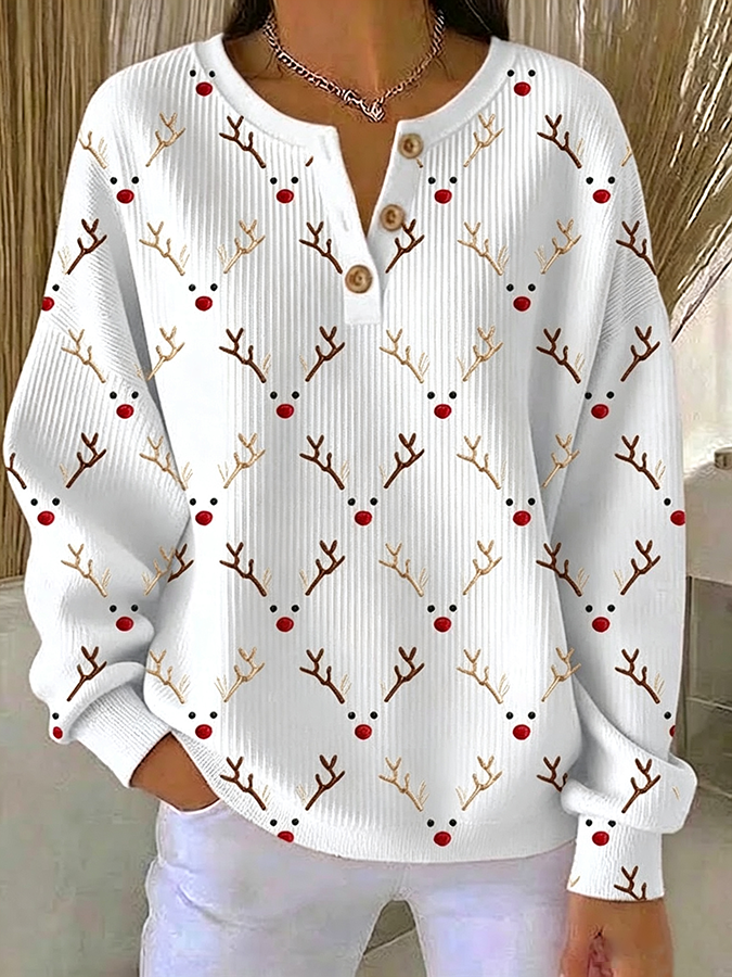 Vintage Christmas Henley Collar Long Sleeve Sweatshirt
