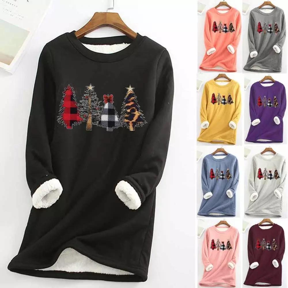 Fleece Warm Christmas Tree Print Long Sleeve T-shirt