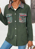Casual Green Corduroy Tribal Print Long Sleeve Coat