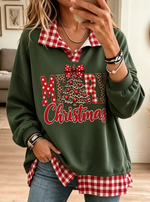 Women Merry Christmas Tree Print Plaid Fake Two Piece Sweatshirt