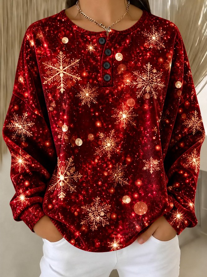Casual Christmas Henley Collar Long Sleeve Sweatshirt
