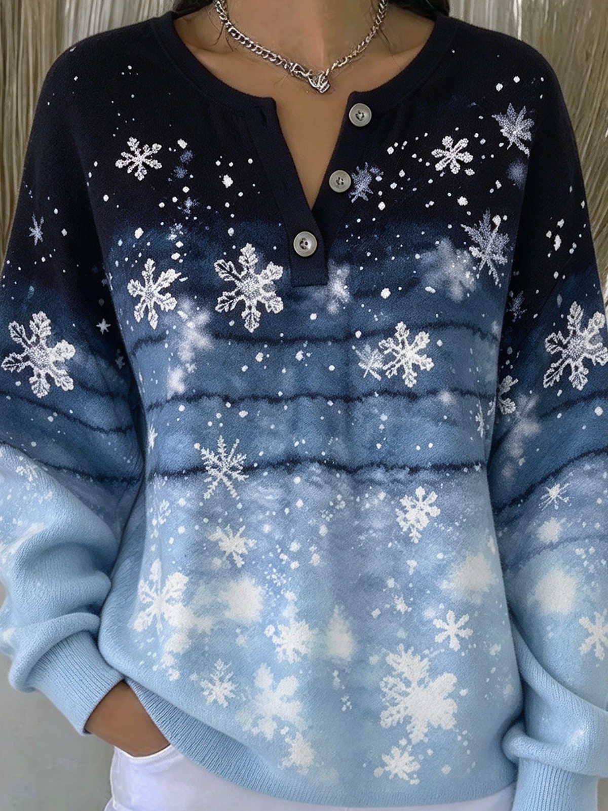 Casual Snowflake Henley Collar Long Sleeve Sweatshirt