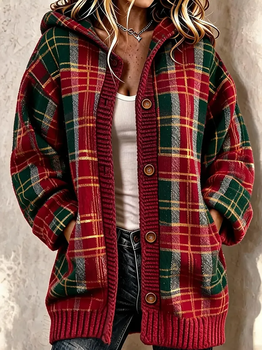 Women Plaid Long Sleeve Comfy Vintage Printing Cardigan