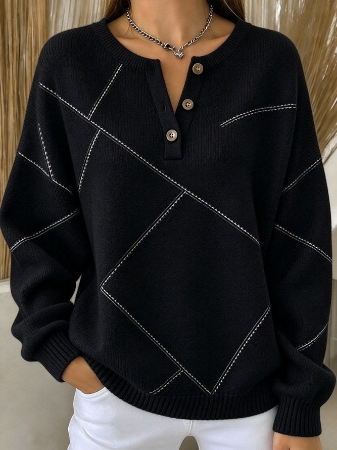 Casual Geometric Henley Collar Long Sleeve Sweatshirt