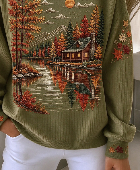 Casual Maple Leaf Crew Neck Long Sleeve Sweatshirt