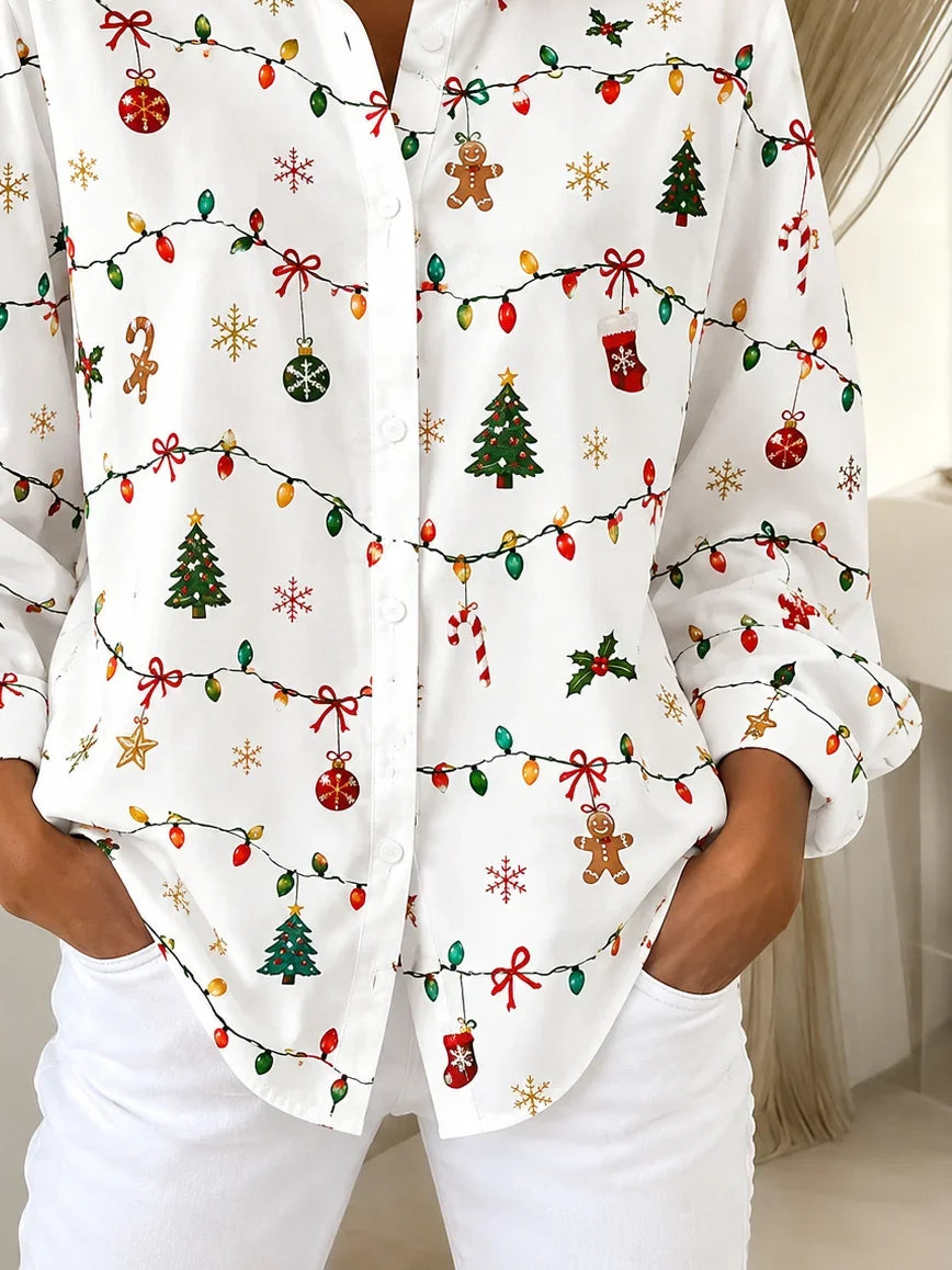 Women Christmas Casual Shirt Shirt Collar Long Sleeve Buckle Top