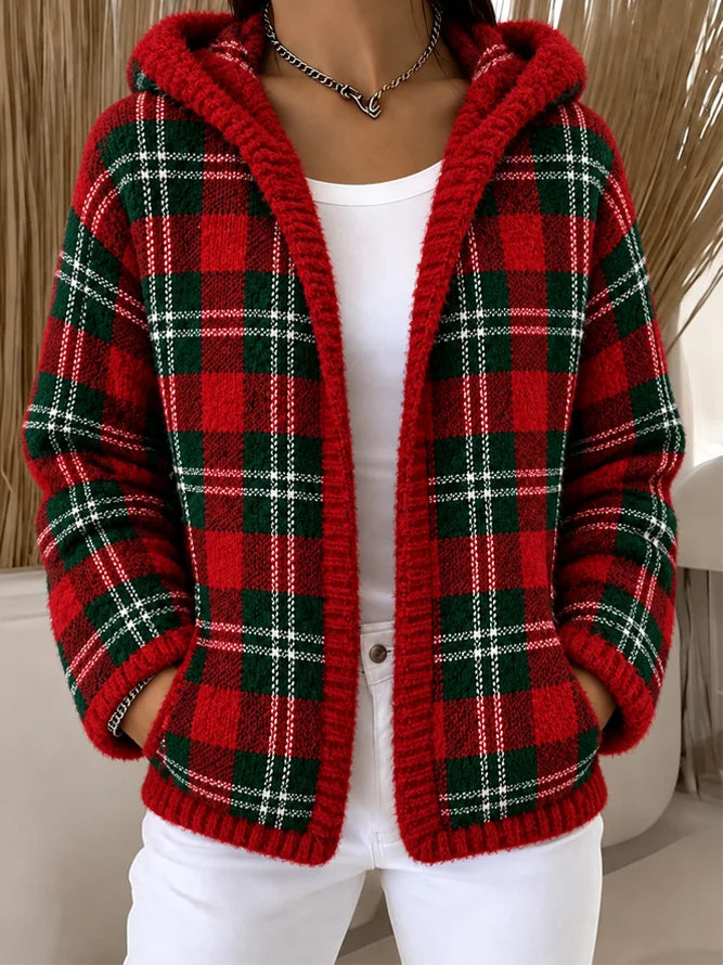 Women Casual Winter Outerwear Vintage Plaid Long Sleeve Hoodie Jacket