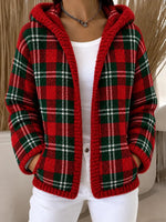 Women Casual Winter Outerwear Vintage Plaid Long Sleeve Hoodie Jacket