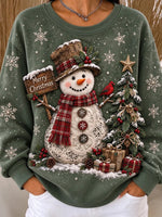 Vintage Christmas Casual Snowman Crew Neck Long Sleeve Sweatshirt