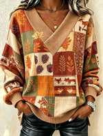 Women Chic Autumn Themed Patchwork Print Waffle Knit Sweater