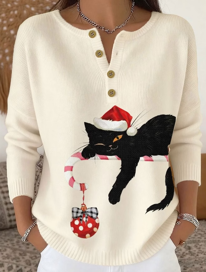 Women's Christmas Cute Cat Print Knit Button Sweater
