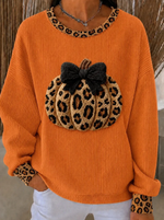 Women Pumpkin Leopard Bow Print Crew Neck Long Sleeve Sweatshirt