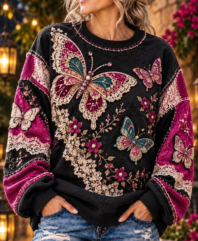Women Lace Butterfly Floral Art Printed Casual Sweatshirt