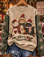 Women Christmas Cute Festive Cats Beige And Green Sweatshirt