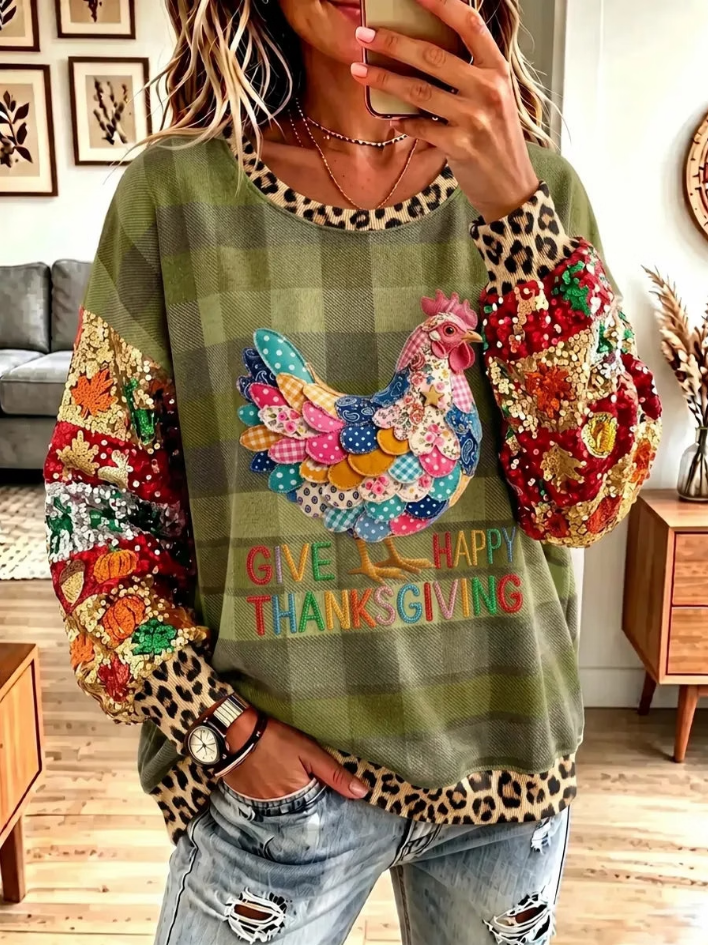 Vintage Casual Elegant Sparkly Thanksgiving Chicken Sweatshirt