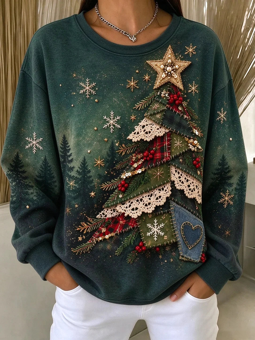 Vintage Casual Crew Neck Christmas Tree Printing Sweatshirt