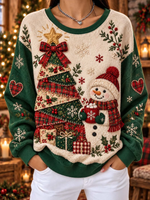 Women Casual Patchwork Christmas Tree And Snowman Sweatshirt