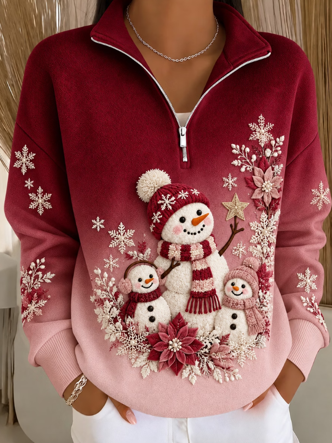 Women Casual Christmas Snowman Art Print Quarter Zip Up Sweatshirt