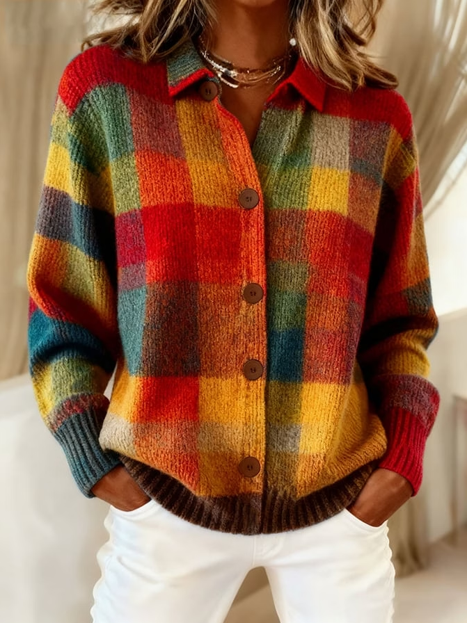 Women's Retro Plaid Art Print Casual Cardigan