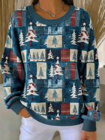 Women's Christmas Tree Casual Ribbed Round-Neck Sweatshirt