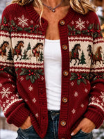 Vintage Casual Round Neck Horse Snowflake Pattern Cardigan