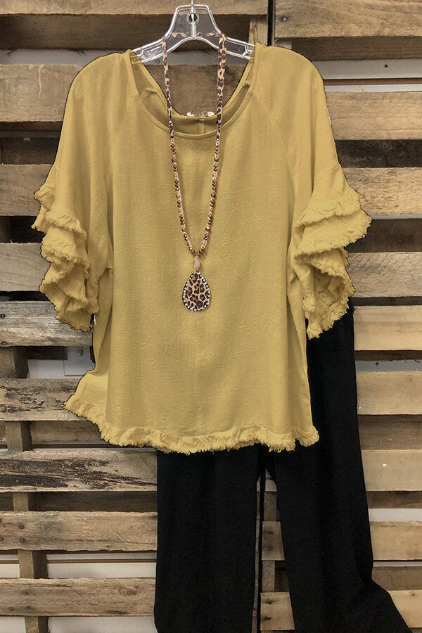 Black Short Sleeves Solid Ruffled Round Neck T-shirt