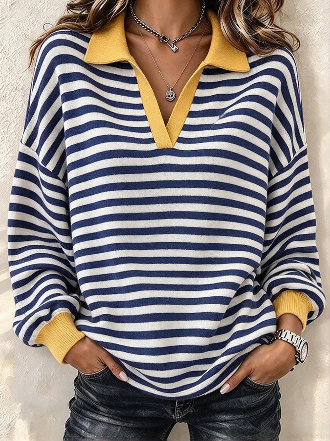 Casual Striped Shawl Collar Long Sleeve Sweatshirt