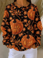 Casual Pumpkin Pattern Henley Collar Long Sleeve Sweatshirt