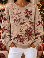 Women Casual Lace Christmas Tree And Velvet Bows Sweatshirt
