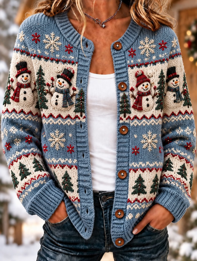 Women Casual Christmas Snowman Retro Art Print Knitted Cardigan