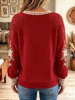 Women Casual Lace Trim Print Christmas Tree Waffle Sweatshirt