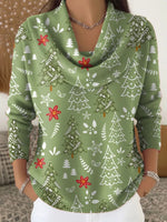 Women's Christmas Tree Pattern Art Print Casual Cowl Neck Sweater