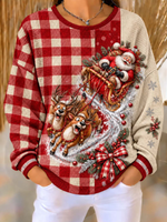 Women Santa Sleigh And Reindeer Adventure Red Buffalo Plaid Waffle Sweatshirt