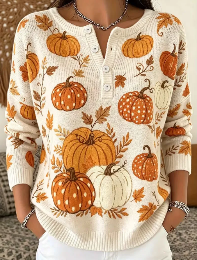 Women Pumpkin Print Button Up Casual Sweater