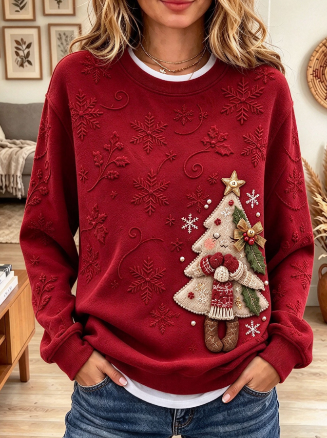 Women Christmas Tree Doll And Snowflake Embroidered Print Long Sleeve Sweatshirt