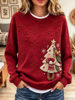 Women Christmas Tree Doll And Snowflake Embroidered Print Long Sleeve Sweatshirt