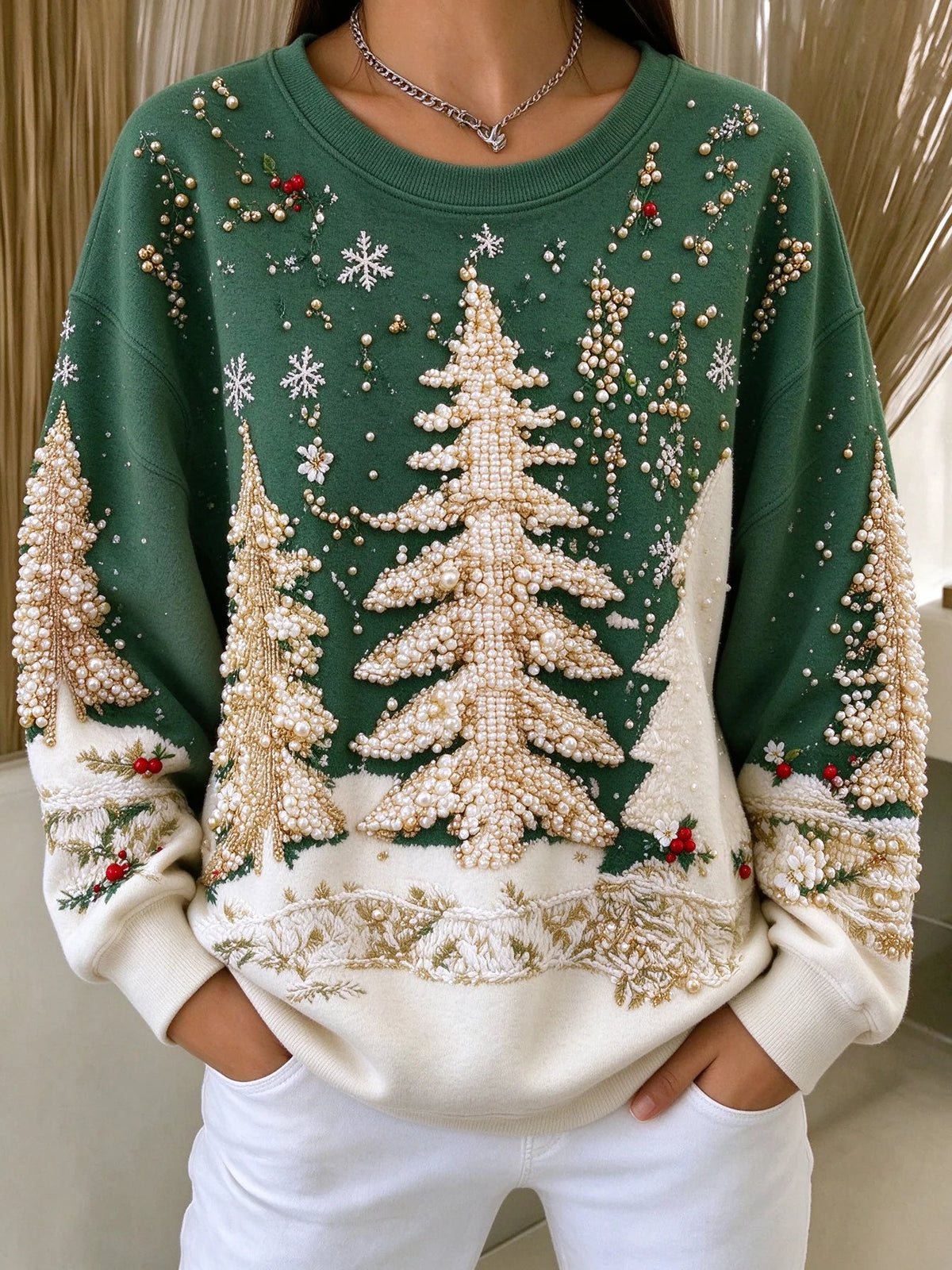 Vintage Christmas Tree Crew Neck Long Sleeve Sweatshirt